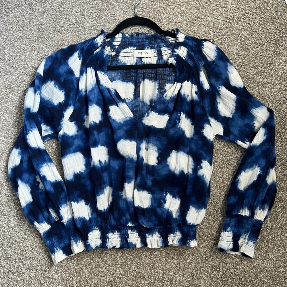 Porridge x Anthropologie Tie Dye Blue & White Distressed Boho Blouse Top Size XS